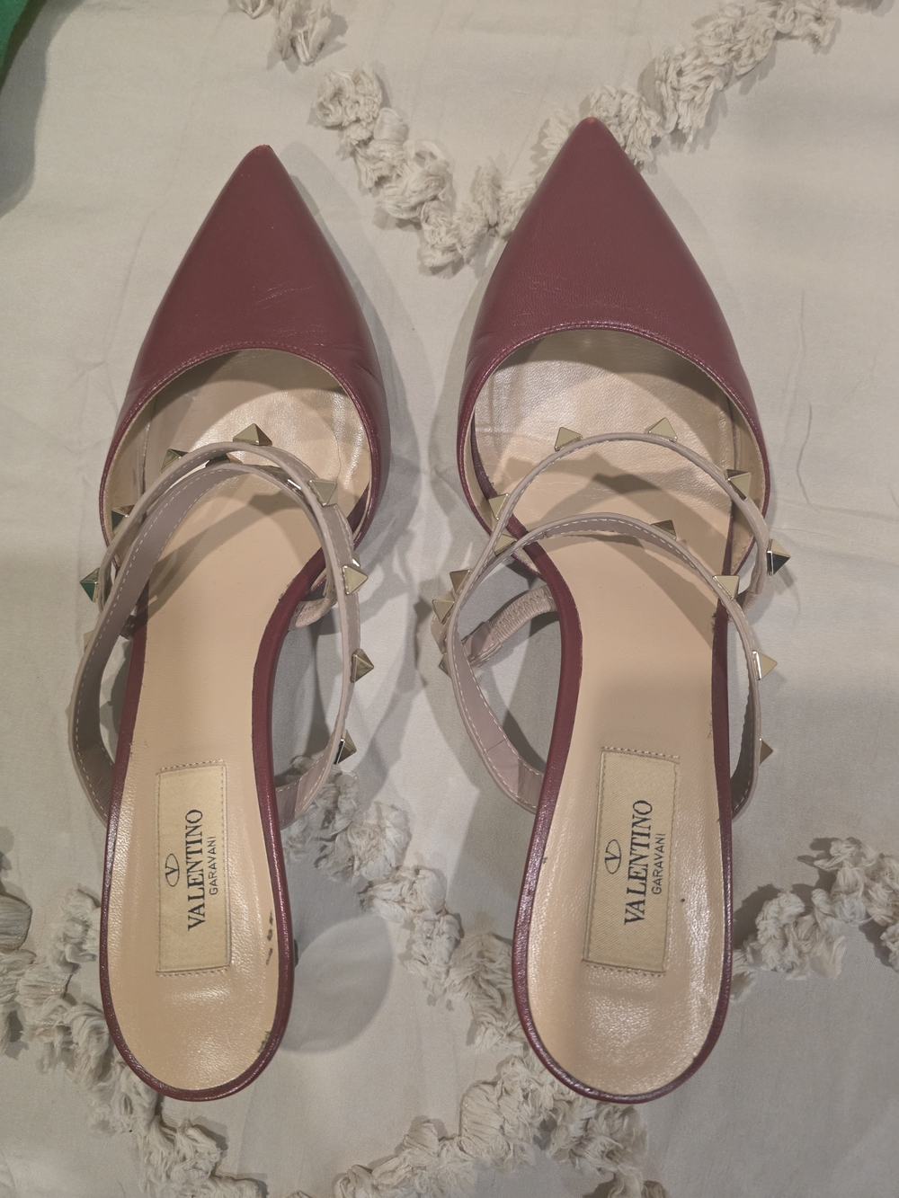 Valentino Garavani Burgundy Pointed-Toe Stud Slingback Flats